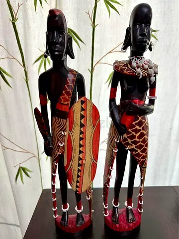 2-pcs Global Village African Warriors Statue Antique Handmade Wood Home Décor