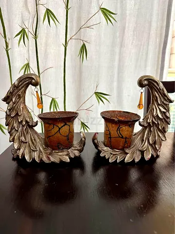 2-pcs LIFESTYLE ADORE Feathers Tea Light Candle Holders Set Home Décor