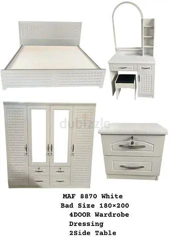 Elegant White Bedroom Set with Wardrobe, Dressing Table, and Nightstand