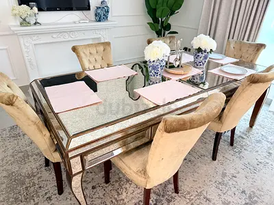 Elegant Mirrored Dining Set with 8 Plush Chairs
