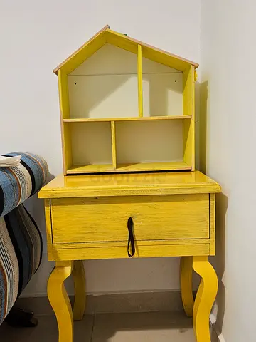 Charming Yellow Vintage table with Drawer and a dollhouse