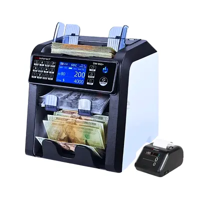 DMInteract DM-950+ 2 Pocket 15 Multi Currency Counting Machine, Free Builtin Display Receipt Printer
