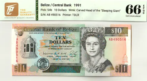 Belize, 10 Dollars Banknote,  1991 / Gem Uncirculated