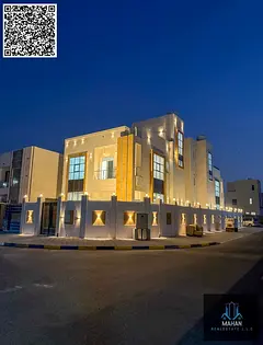 A luxurious corner villa on two streets, featuring a modern design, high-end finishes, and a garden,