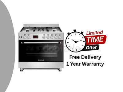 Star Track Freestanding Gas-Cooker 5-Burner Full-Safety, Steel Cooker, Gas Oven with fan, Self Clean
