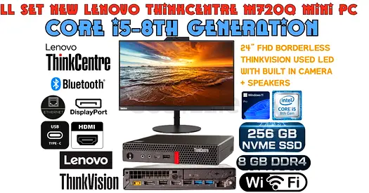 FULL SET BRAND NEW BOX PACK THINKCENTER M720Q MINI PC WITH USED 24” FHD LENOVO BORDERLES LED-8GB RAM