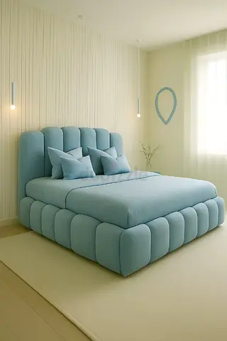Stylish Blue Upholstered Bed with Modern Design