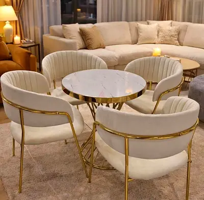 Elegant Modern Dining Set with Round Marble Table and Upholstered Chairs