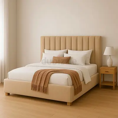 Elegant Beige Bed with Modern Headboard for sale