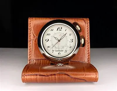 MONTBLANC TRAVEL ALARM CLOCK 9677 SWISS QTZ POCKET WATCH brown LEATHER CASE NEW