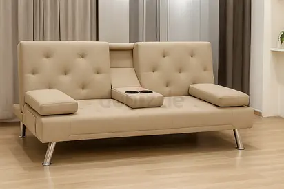 Beige Sofa Cum Bed – Modern 3 Seater Sofa Bed with Cup Holders