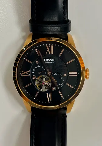 Fossil Automatic Watch with Black Leather Strap