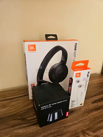 Brand New JBL Tune 500BT Wireless Headphones + Bluetooth Speaker Bundle + Tune 310 C Earphones
