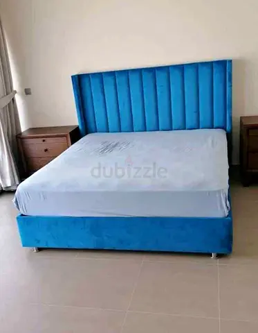 Comfortable Blue Velvet Bed with Nightstands
