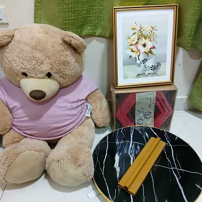 Cozy Home Decor Bundle: Coffee Table, Framed Art, and Plush Teddy Bear