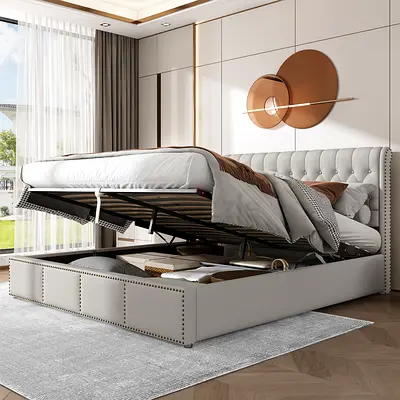 Luxury fabric bed with hydraulic storage