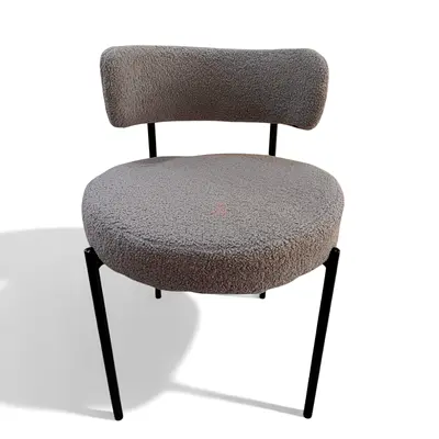 Modern Grey Bouclé Dining Chair with Round Padded Seat and Black Metal Legs