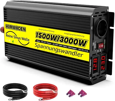 1500 W / 3000 W Pure Sine Wave Inverter 12 V to 230 V Pure Sine Wave Converter for Motorhome