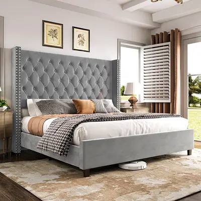 Elegant Grey Velvet Bed Frame with Headboard