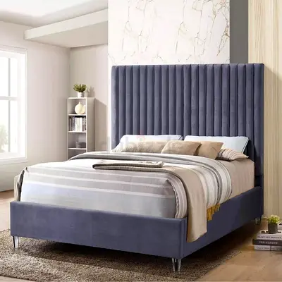 Elegant Grey Velvet Bed Frame with Headboard