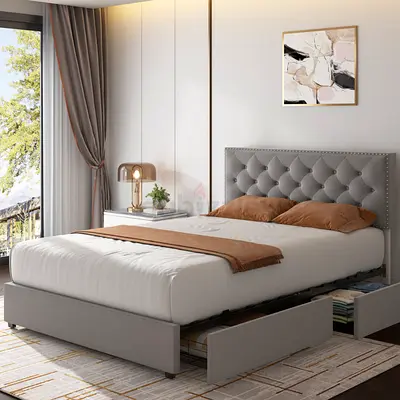 Stylish Grey Upholstered Bed With Storage Drawers