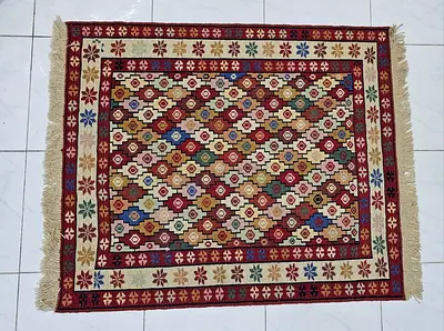 Handwoven Kilim Rug, Tribal Pattern, With Fringe