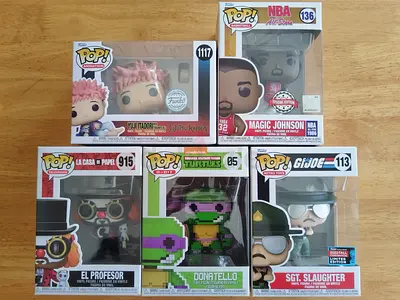 5 Funko: El Profesor, SGT. Slaughter, TMNT Donatello, NBA Magic Johnson, Jujutsu Yuji