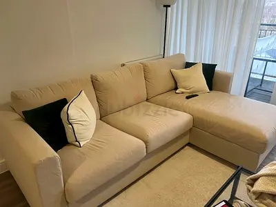 Hallarp beige L Shape sofa bed with mattress