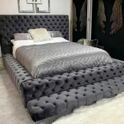 New Stylish Grey Tufted Bed with Plush Headboard - Hydraulic Storage option available on demand