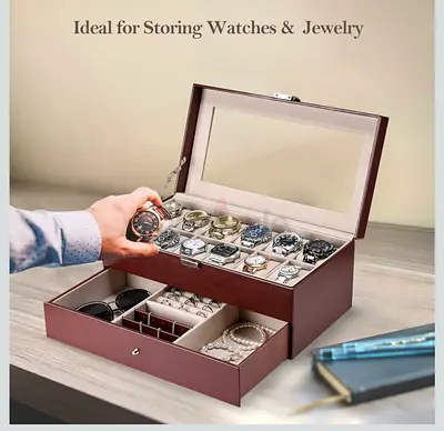 12 Slots Watch Box Organizer for Men, Mens Watches Display Case Personalized Jewelry Storage Box Ho