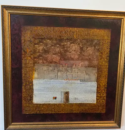 Framed Art Piece with Intricate Texture and Coastal Scene
