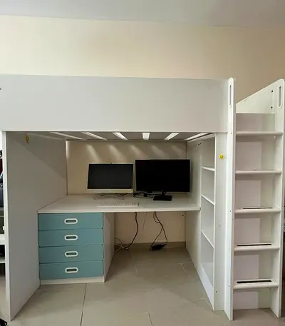 Ikea Loft Bed with desk, drawers, bookshelf and closet