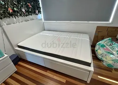 IKEA malam queen‑size bed (160 × 200 cm) with 2 storage drawers underneath and an IKEA mattress