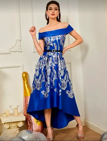 Elegant Blue Off-Shoulder Dress with Floral Design