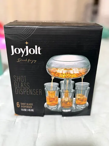 JoyJolt 6 Shot Glass Dispenser and Glass Set 32oz Liquor Dispenser for Home Bar Accessories Parties