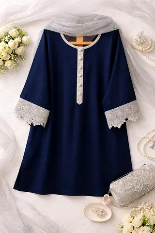 Elegant Navy Blue shalwar suit with Embellished Sleeves and neck silver duppta