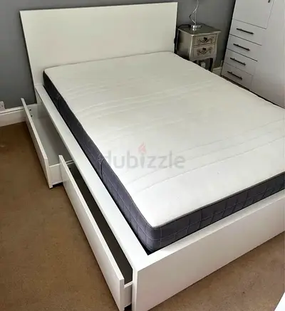 Ikea malam double‑size bed (140 × 200 cm) with 2 storage drawers underneath and an IKEA mattress