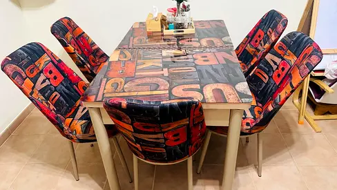 6 seater, glass top dining table and chairs