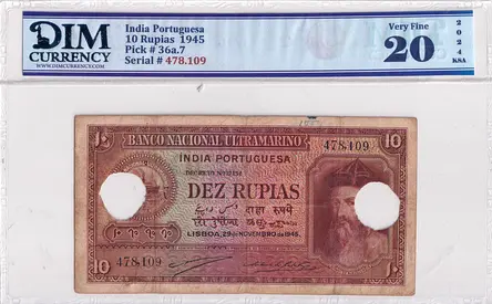 India Portuguesa Banknote 10 Rupias 1945 DIM 400 AED