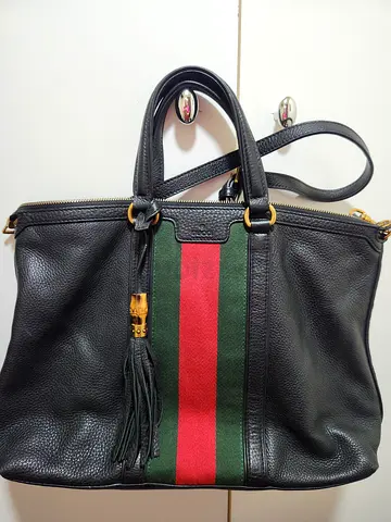 Gucci Leather Vintage stylish Black Leather Tote with Green and Red Stripe