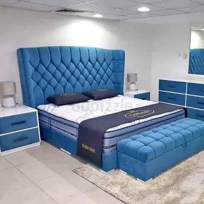 Luxurious Blue Velvet Bed with Elegant Design