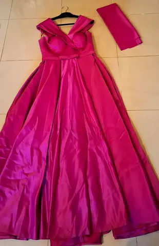 Tail Princess Pink Evening Dress with Shall (Queen Crown) فستان سهرة مع شال
