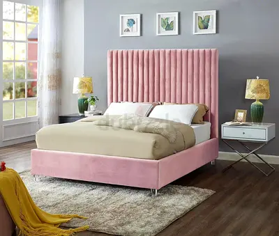 Elegant Pink Velvet Bed with Stylish Headboard