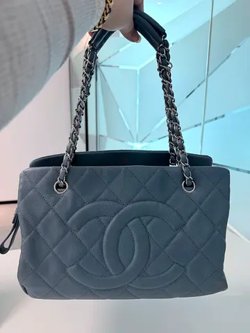 Authentic Chanel Stone Blue Quilted Caviar Leather Petite Timeless Tote