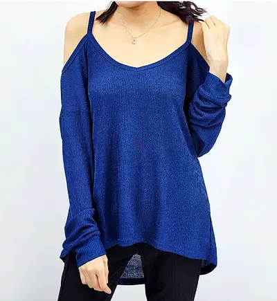 Stylish Blue Knit Cold Shoulder Top
