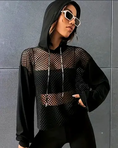 Stylish Black Mesh Hooded Top