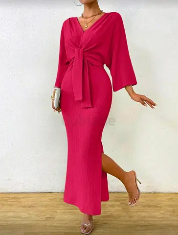 Stylish Pink Maxi Dress with Tie Waist