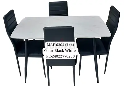 Elegant Dining Table Set - Marble Finish with Black Chairs