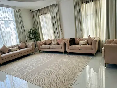 Elegant Beige Sofas with Modern Rug