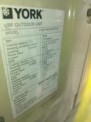 York VRF Outdoor Unit with indoor- Model YV2VYH033KASFDA1